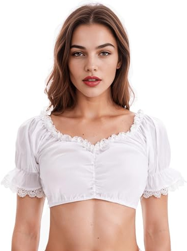 ZEAGOO Blusa tirolesa para mujer, de manga corta, color blanco, hombros descubiertos, para Oktoberfest, tirolesa, blusas tradicionales, festivales de cerveza, carnaval, elegante blusa con mangas