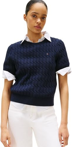 Tommy Hilfiger Donna Pullover Cable Maniche Corte, Blu (Dark Night Navy), XS