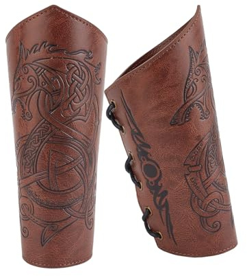 NICENEEDED Wikinger Armschienen Aus PU Leder Armschützer Aus Geprägtem Wolfsleder Retro/Vintage Stil Mittelalterlicher Armschutz Braunes Verstellbares Armband Halloween