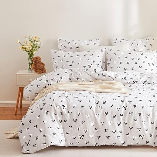 Covebett Housse de Couette 200x200 Blanc et Noire Nœud Papillon Parure de Lit 2 Personnes Aesthetic Classe Microfibre Ado Fille Linge de Lit Adulte et 2 Taie Oreiller 65x65 cm avec Fermeture Éclair