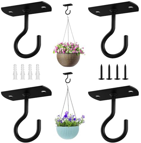 4 Pcs Ceiling Hooks for Hanging Plants, Wall Mounted Plant Hangers, Black | Heavy Duty Metal Hanging Hooks Bracket for Planters, Hanging Baskets, Lanterns, Wind Chimes, Bird Feeders