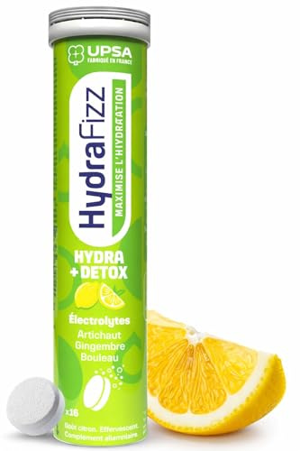 UPSA - Hydrafizz Détox - Complément Alimentaire Détox & Hydratation - Électrolytes, Artichaut, Gingembre, Bouleau & Vitamine C - Goût Citron - Fabriqué en France - 16 Comprimés Effervescents