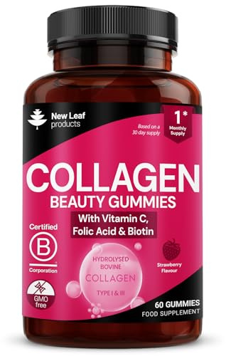 Collagen Gummies - High Strength Type l Bovine Collagan Beauty Supplement - Advanced Superior Type 1 Hydrolysed Collagen Peptides - Added Biotin, Vitamin C & Folic - 60 Gummies