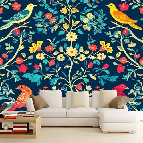WHUOEUCO Carta da Parati Moderna Fiori E Uccelli Colorati 200x140 cm Fotomurali Arte 3D Non Tessuto, Fotografica Murale Carta da parati per Camera Letto, Soggiorno