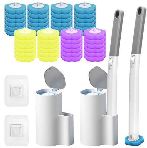 Disposable Toilet Brush 2 Pack Toilet Brush Disposable with 48 Replacement Sponge Brush Heads and Holder, Quickly and Hygiene Clean Toilets, Showers and Sinks, Bathroom Cleaning, Sink, Bathtub