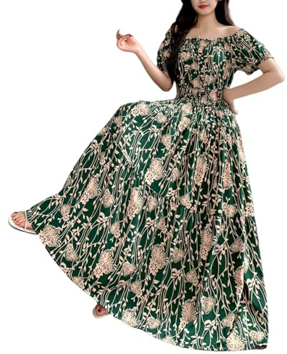 Abito da donna Boho Ditsy con stampa floreale a spalle scoperte a maniche corte con spacco, maxi abito a linea A con stampa ditsy taglie forti, Color-d, Taglia unica