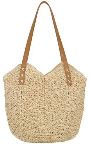 EDLMKM Straw Shoulder Bag For Women, Large Summer Beach Straw Bag with Handle Zipper, Bohemian Weave Handmade Rattan Shoulder Purse Leather Strap, for Holiday Travel Shopping Picnic Beach Vacation