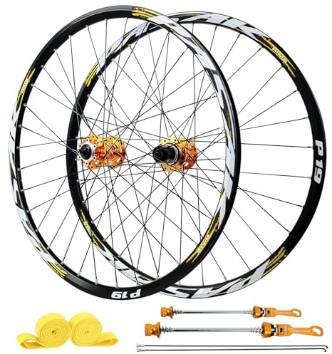 AuroraXQ 26/27,5/29 MTB Laufradsatz, Scheibenbremse, 32H-Aluminiumfelgen und HG-Naben, Vorderrad 100x9mm / 135x10mm Hintere Räder Kompatibel Mit 7-12 Geschwindigkeit Und 1,25~2,25 Reifen(Gold,29 Z