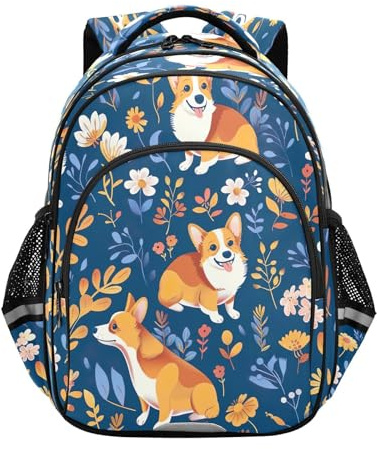 RPLIFE Sac à dos bleu pour enfants de 8 à 14 ans, motif chien mignon et fleur, sac à dos d'école primaire