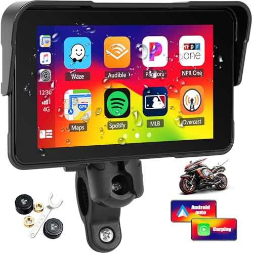 OiLiehu Portátil Radio para Moto con Pantalla, Carplay inalámbrico Android Auto, Pantalla Táctil de 5 Resistente al Agua IP68 con Monitor de Presión de Neumáticos, Soporte Desmontable, Plug-and-Play