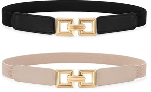 XZQTIVE 2 Pack Damen-Schmalgürtel,Feiner Stretch-Gürtel mit Vintage Goldschnalle, Perfekt für Kleider & Elegante Anlässe