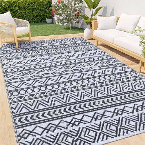 smiry Geometrisches Outdoor Teppich Wetterfest - 120x180 cm, Schwarz & Weiß | rutschfest Leicht Waschbar Outdoorteppich Faltbar UV-beständig Modern Vorzeltteppich für Terrasse, Garten, Balkon