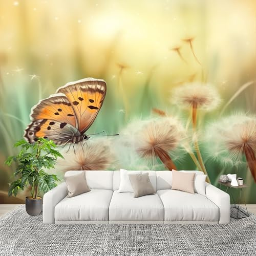 Decoración de Pared decorativos Murales 350x256cm Flores Dientes de LeóN Mariposas Fotomurales Papel Pintado Tejido no Tejido Naturaleza Papel Pintado Panorámico, Grandes Murales Póster