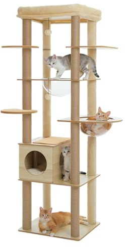 PETEPELA Kratzbaum für große Katzen, 181 cm hoch, mit Acryl-Hängematte, Multi-Stufe Holz Katzenbaum mit großer Katzenhöhle, Kratzsäule & Kratzpad, Beige