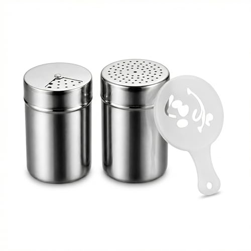 Juego De 2 Espolvoreadores De Azúcar, Espolvoreadores De Acero Inoxidable Con Tapa, Con Juego De 16 Plantillas De Plástico (16 Diseños De Impresión Diferentes), Adecuado Para Repostería, Café, Cocina