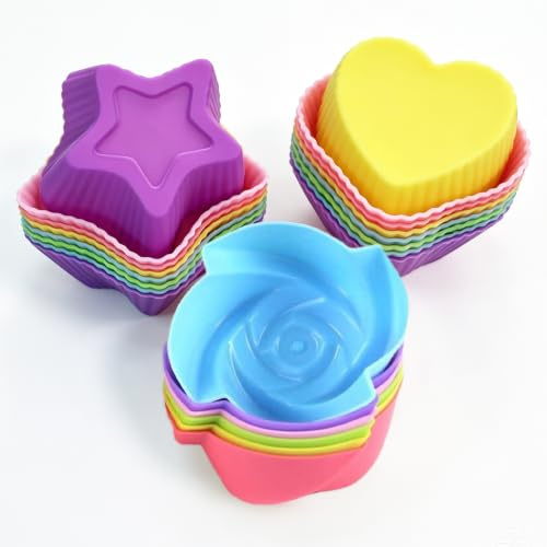 Honicemar 24 Pirottini In Silicone Per Muffin Riutilizzabili, Antiaderenti E Facili Da Pulire Per Muffin Cupcake Gelatina Budino Cioccolato E Sapone, 3 Forme Fiore Cuore Stella, Multicolore