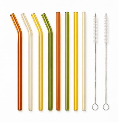 Tayahanude Juego de 10 popotes de Vidrio Reutilizables Multicolores con 2 cepillos de Limpieza (tamaño 20 cm)