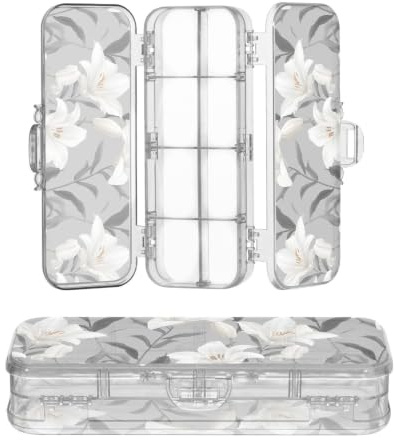 Amooorous Boîte à crayons en plastique transparent Motif fleur de lys Blanc | Étui rigide double couche pour loisirs créatifs avec couvercle hermétique