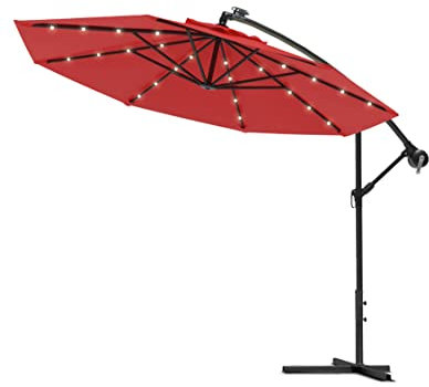 Swing & Harmonie Sonnenschirm - Luxus Ampelschirm - Gartenschirm mit LED Beleuchtung - Hochwertiger Sonnenschutz mit Solarpanel (300cm, Rot)