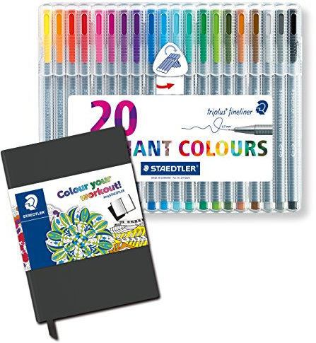 Staedtler 334 SB20 Fineliner triplus Set mit 20 brillanten Farben, dreikant, superfeine, metallgefasste Spitze, Linienbreite ca. 0.3 mm, aufstellbare Box (+ Sketchbook)