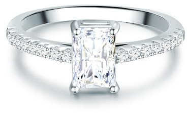 Trilani Damen Verlobungsring 925/- Sterling Silber mit Zirkonia im Brilliantschliff Solitär Rechteckig in Krappenfassung Solitärring Antragsring