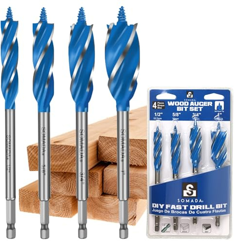 SOMADA Auger Drill Bit Set for Wood, 4-Piece, 1/2, 5/8, 3/4 and 1 Inch Size, 6-Inch Long Impact Wood Auger Set with Quick Change hex Shank