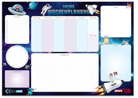 ZADAWERK® Schreibtischunterlage XXL - DIN A2 - Astronaut - 25 Blatt - Wochenübersicht - To-dos - Notizen - Rechts Links - Ideen und Pläne aufzeichnen