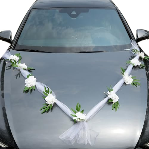 Organza Girlande Auto Schmuck Braut Paar Rosen Hochzeitsdeko Blumenschmuck Autoschmuck Hochzeitsauto Auto Rückspiegel Deko für Hochzeit Auto PKW Wedding New Houses Party Feier,Weiß Tüll+Weiß Blumen