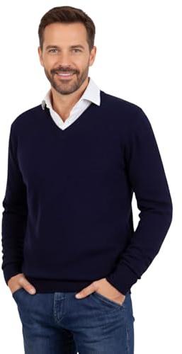 Marenza Herren Pullover mit V-Ausschnitt aus Kaschmirmischung und Seide, Made in Italy, Langarm, Blau, XL