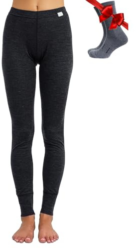 100% Merino Wool Base Layer Womens Leggings, Thermal Underwear + Wool Socks (Medium, 165 Heathered Black)