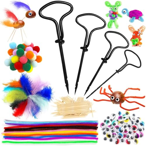 Leeelyan Kastanienbohrer Set, Kastanien Bastelset,284 TLG Kastanienset, enthält Kastanienbohrer, Federn, Zahnstocher, Pompons, Pfeifenreiniger, Kulleraugen