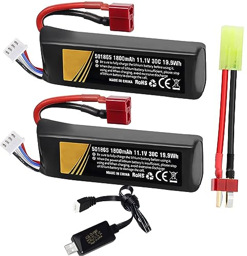 Akku 1800 mAh 30 C 11,1 V Lipo Airsoft T-Anschluss mit USB-Ladegerät T-Stecker auf Kabel Mini Tamiya kompatibel mit Airsoft Gel wiederaufladbare Batterien für Blaster mit Wasserperlen Zubehör 2 Stück