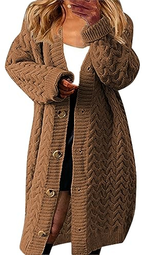 L9WEI Cardigan chaud pour femme - Automne et hiver - Grosse maille - Avec boutons - Élégant - Longueur moyenne - Manteau confortable, café, XXL