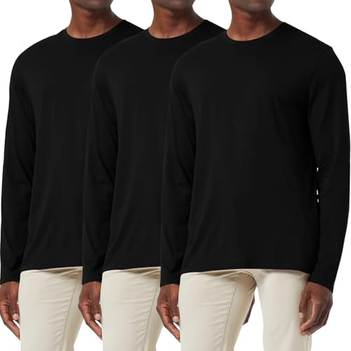 Herr 3-pack lös passform långärmad t-shirt fukttransporterande rund hals skjortor lätt komfort vardaglig baslager toppar, 3-pack: svart/svart, M