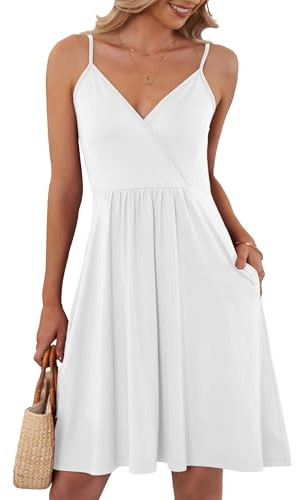 AUSELILY Kleider Damen Sommer V-Ausschnitt Leicht Und Luftig Ärmellos Sexy Strandkleid Träger Strand Trägerkleid mit Taschen（Weiß,M