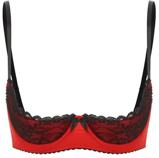 FEESHOW Damen BH Hebe Brustfrei BH Busenfrei Offene Brüste Dessous Spitze Unterbrust Bralette Erotische Unterwäsche Lingerie Rot_A L