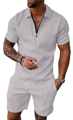 Fastkoala Herrkläder Kostym Set 2 delar pikétröja och kort träningsoverall slag träningskläder sweatsuits, Grå, M