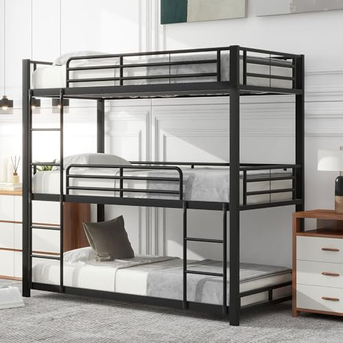 KecDuey 90x200cm Dreifach-Etagenbett,Bettgestell Metallbett,Etagenbett,Eisenbett, für Kinder, Jugendliche und Erwachsene, Schwarz