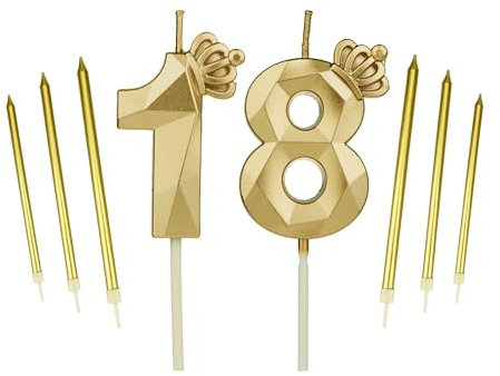 18th Gold Crown Birthday Candles Set, with 6Pcs Long Candles，Birthday Numbers 18 Candles, Happy Birthday Cake Topper for Birthday Party Parties Weddings Company Anniversarie (Gold, 18)