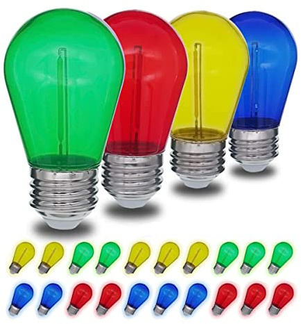 Bkrtura Coloured LED String Light Bulbs, Shatterproof, E27 (Edison Screw), 1 Watt Plastic Outdoor Indoor S14 Filament Bulbs for Christmas String Light Replacement, 24Pack