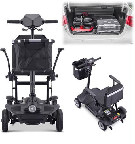 HZWJD Roller Erwachsene, 4-Rad Leichtgewichtig Tragbar, E-Roller, Elektroauto Für Senioren, 150 Kg Belastung, Black, Aluminiumlegierung, Sportlich, 10Ah Batterie
