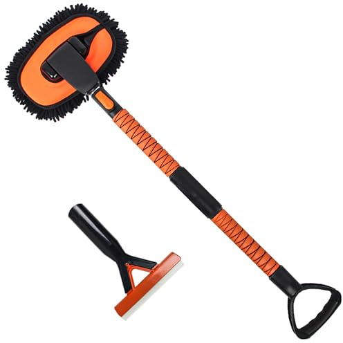 YeeCopon Ausziehbare Autowaschbürste mit langem Griff, 139,7 cm, Autowaschmopp mit Autowäsche, Windschutzscheibenabzieher, Autowasch-Set für Wohnmobil, LKW, Camper, Orange
