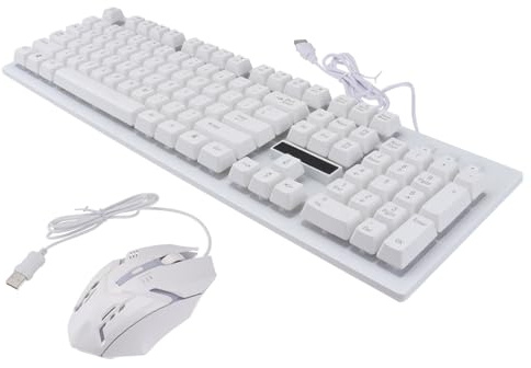 Clavier USB et Souris de Jeu Filaires, 104 Touches, Blanc | Ensemble 1 Lot, Plastique Résistant à L’usure, 4 Touches Souris, Usage Maison et Bureau