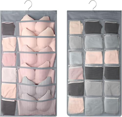 FonVan 1 Pieza Organizador de Armario Colgante Almacenamiento para Sujetadores, Ropa Interior, Calcetines, Bolsa de Almacenamiento de Ropa Colgante de Doble Cara, 12+18 Bolsillos, Plegable (Gris)