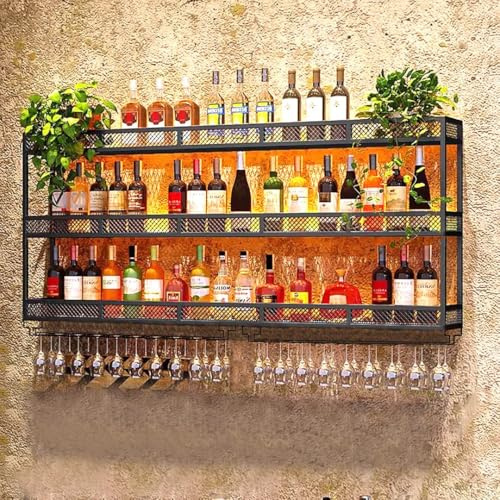 GWLQRTXV X2 39in Wine Rack with LED Lighting Wall Mounted Glass Holder, 3-Tiers Liquor Bottles Shelves Display Storage Organizer Hanging Long Stemware Goblet Metal for Home Mini Bar Cellar Black