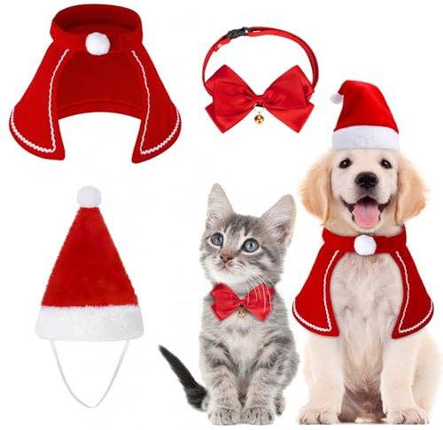 MELLIEX 3 Stück Weihnachten Katzenkostüm Hundekostüm mit Weihnachtsmütze Fliege Halsband Halstuch, Haustier Weihnachtskleidung Hunde Katzen Kostüm Zubehör Set