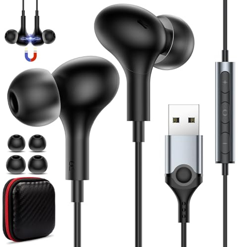 Auriculares USB con micrófono para PC, cable de 7.5 pies, magnéticos, USB A, con cable, aislamiento de ruido con control de micrófono de volumen, graves estéreo para PS5, PS4, laptop, laptop,
