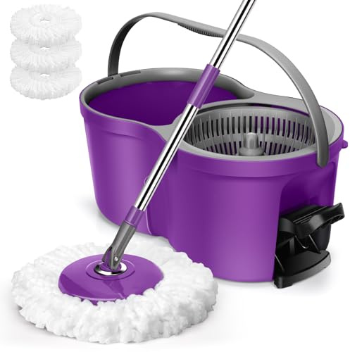 Masthome Kit Serpillière Rotative 2 en 1 et Seau à Pédale & 3 Recharges | Essorage à pédale, 3 têtes microfibre lavables, manche inox 125cm avec mousse EVA, tête 360° pour tous sols.