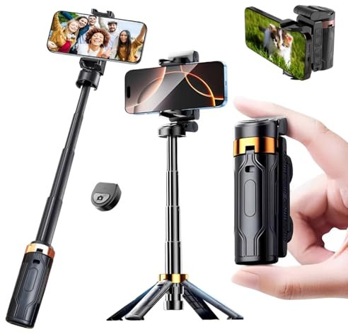 Selfie Stick Tripod, Pocket Size Portable Selfie Stick, Retractable Tripod, Mini Selfie Stick with Wireless Detachable Remote Control, Live Streaming, Video Recording