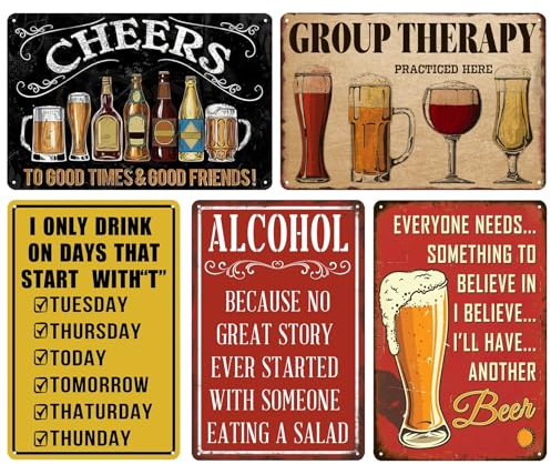 5 st vintage metallplåtskylt-set för hemmabar man cave pub – retro rustik väggdekor med roliga öl- och alkoholdesigner – perfekt för trädgårdsskjul, inomhus- och utomhusbruk – 20 x 30 cm